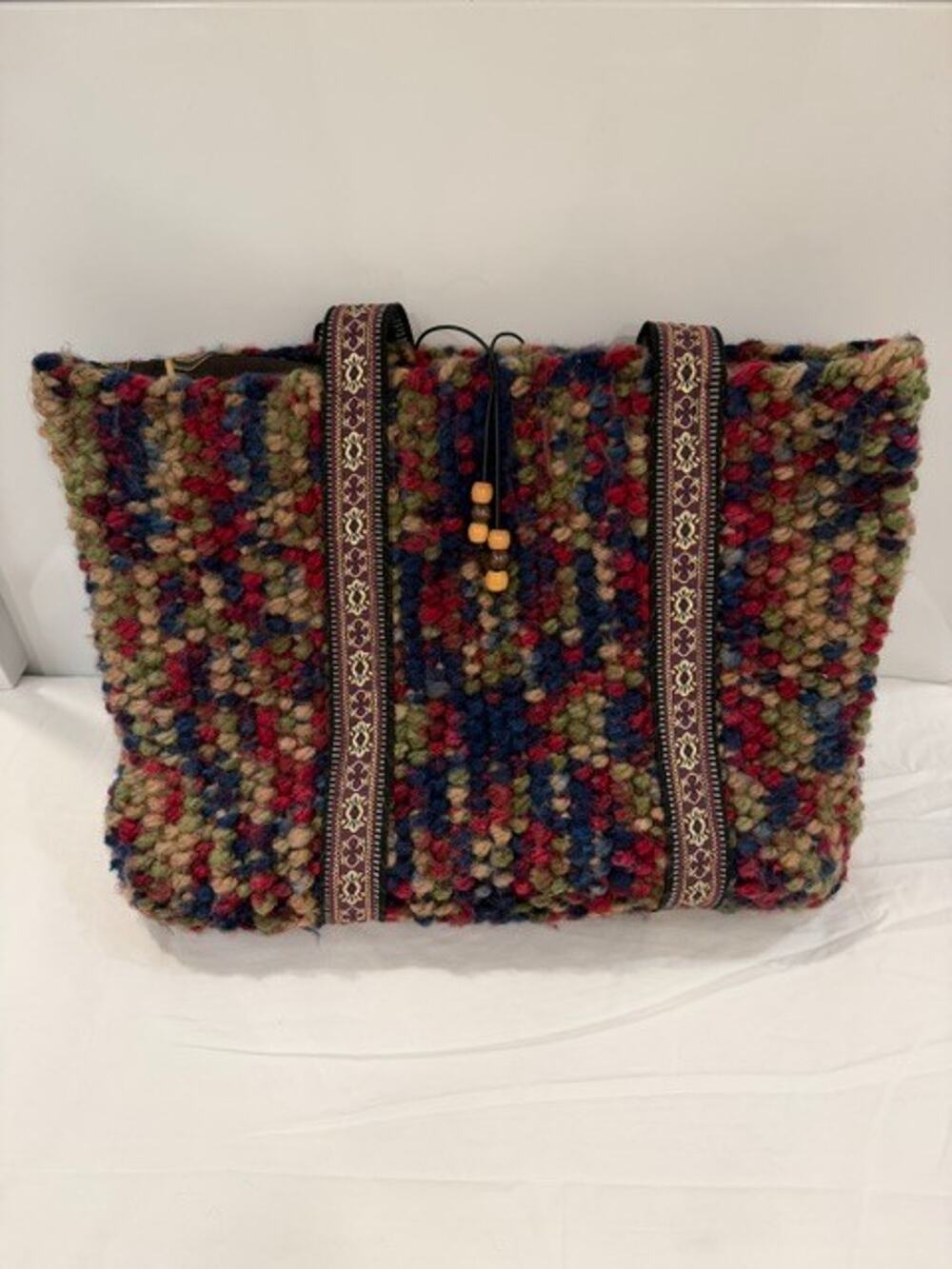 Handmade Boho Woven Wool Tote Bag Multicolor Tapestry Floral Lined Shoulder Bag